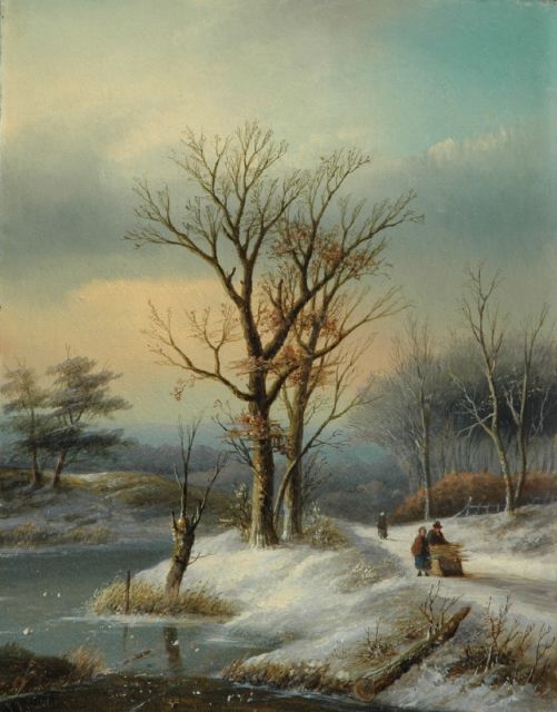 Jan Jacob Spohler | Figures with a sledge on a snowy path, Öl auf Leinwand, 38,6 x 30,7 cm