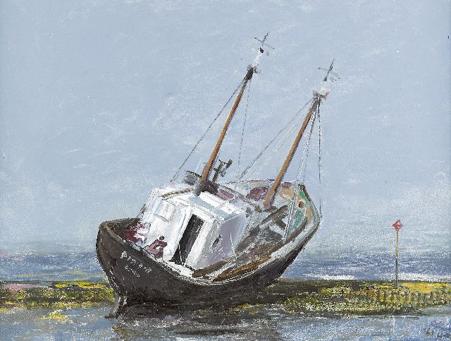 Harm Kamerlingh Onnes | A jammed fishingboat, Öl auf Holzfaser, 30,7 x 40,7 cm, signed l.r. with monogram und dated '61