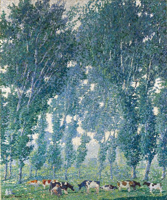 Fritz Gärtner | Morning hours; cows under poplar trees on the Nederrijn, Öl auf Leinwand, 90,3 x 75,7 cm, signed l.l. und dated 1916