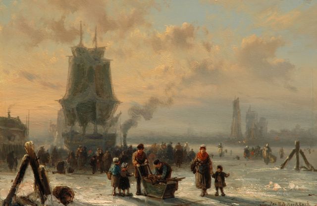 Jan H.B. Koekkoek | A busy day on the ice, Öl auf Holz, 23,5 x 35,5 cm, signed l.r.