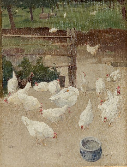 Ligtelijn E.J.  | Eine Gans und Hühner auf dem Hof, Öl auf Leinwand auf Holz 43,6 x 33,5 cm, Unterzeichnet r.u.