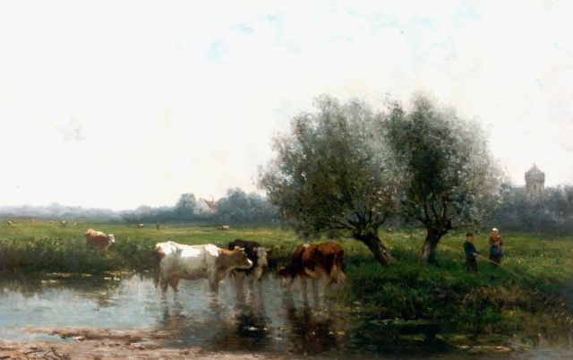 Vrolijk J.M.  | Polder landscape with cows watering, Öl auf Holz 52,3 x 81,6 cm, signed l.l.