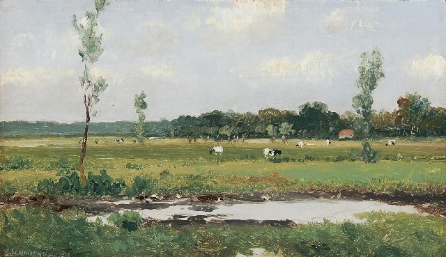 Jan Hendrik Weissenbruch | A Dutch landscape with cows, Öl auf Leinwand auf Holz, 15,8 x 26,9 cm, signed l.l.