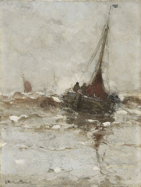 Munthe G.A.L.  | A fishing boat in the surf, Öl auf Leinwand 40,3 x 30,2 cm, signed l.l. und dated '19