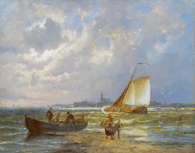 Pieter Cornelis  Dommershuijzen | Fishermen by a river, possibly near Kampen, Öl auf Holz, 20,2 x 25,3 cm, signed l.l. und dated 1891