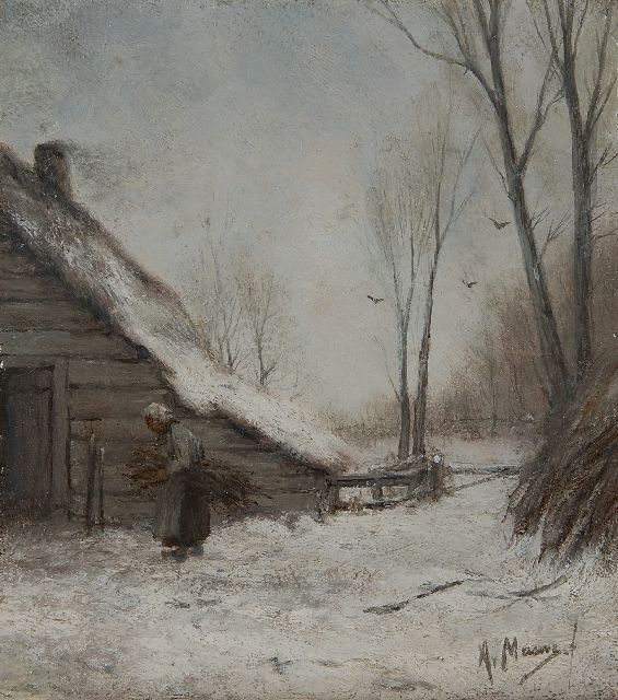 Anton Mauve | A winter landscape with a farmer's wife, Öl auf Holz, 22,0 x 19,9 cm, signed l.r.