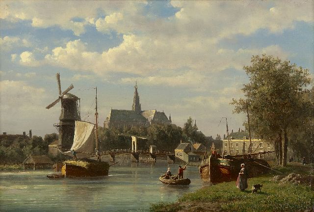 Destrée J.J.  | A view on the Spaarne and the St. Bavo church, Haarlem, Öl auf Holz 33,4 x 50,5 cm, signed l.r. und dated 1866