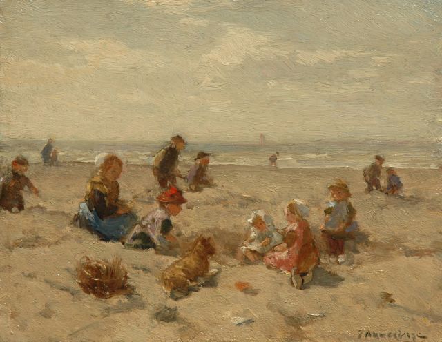 Johannes Evert Akkeringa | Children playing on a beach, Öl auf Holz, 17,9 x 22,6 cm, signed l.r.