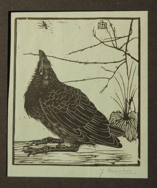 Mankes J.  | A crow watching a mosquito, Holzstich auf gefärbtem Papier 11,8 x 10,2 cm, signed w mon in the block and l.r. in full (in pencil) und to be dated 1918