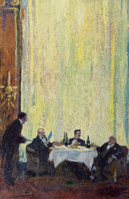 Richard Bloos | In the restaurant, Paris, Öl auf Holz, 61,9 x 40,3 cm, signed l.l.