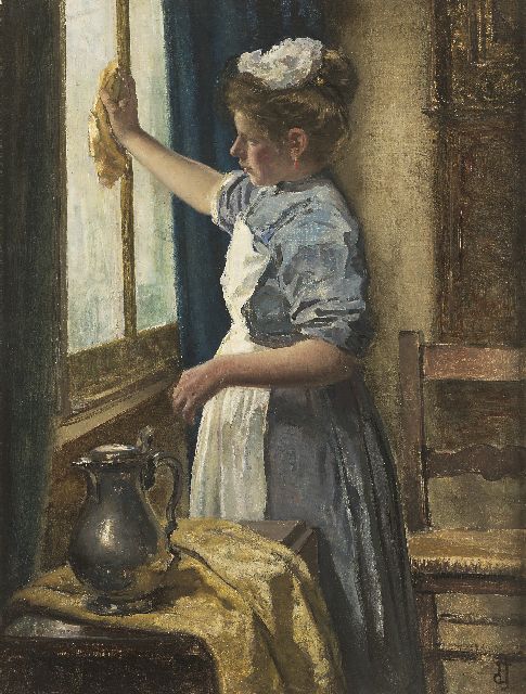Johan Antoni de Jonge | Cleaning the windows, Öl auf Leinwand, 67,9 x 51,5 cm, signed l.r. with monogram