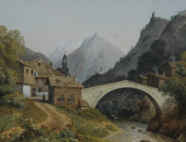 Josephus Augustus Knip | A view of a bridge near the Monte Cervino, Switzerland, Aquarell und Gouache auf Papier, 22,1 x 29,1 cm, gedateerd op loden beschermblad Junij 1842