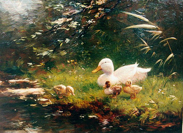 Constant Artz | Hen and three ducklings on the riverbank, Öl auf Holz, 26,7 x 36,0 cm, signed l.l.
