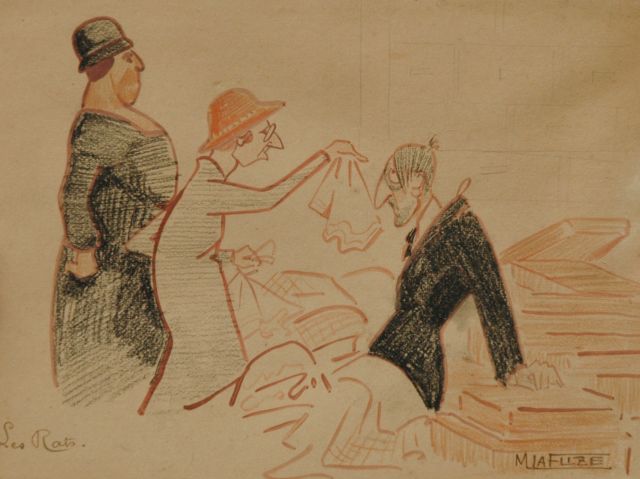 M. la Flize | The snatchers, Kreide und Aquarell auf Papier, 17,4 x 23,9 cm, signed l.r.