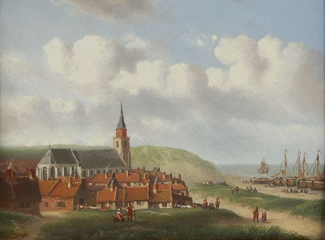 Carl Eduard Ahrendts | Blick auf das Dorf Scheveningen, mit Fischereischiff auf dem Strand, Öl auf Holz, 16,4 x 22,0 cm, Unterzeichnet l.u.