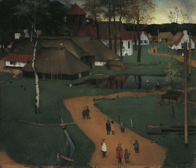 Mulders J.B.  | View of a village with children on a path, Öl auf Papier auf Holzfaser 61,2 x 71,0 cm, signed l.r. und dated 1926