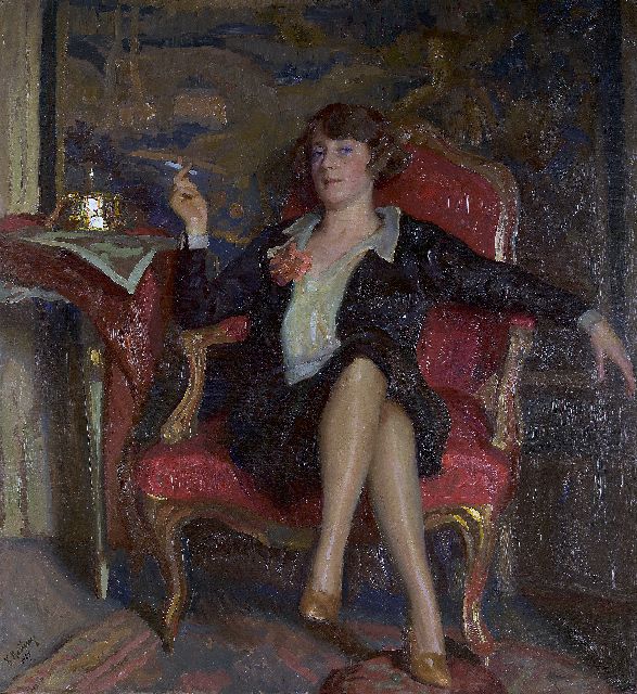 Reusing R.F.  | A portrait of a smoking lady, Öl auf Holz 151,2 x 137,8 cm, signed l.l. und dated 1927