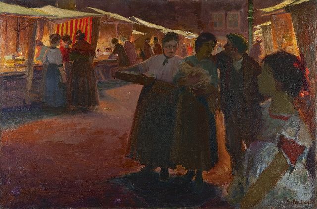 George Wildschut | Abendmarkt in dem Judenviertel, Amsterdam, Öl auf Leinwand, 66,1 x 100,1 cm, Unterzeichnet r.u.