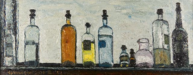 Schrofer W.  | Still life with bottles, Öl auf Leinwand 36,8 x 95,1 cm, signed l.l. und executed on 13-III-'52