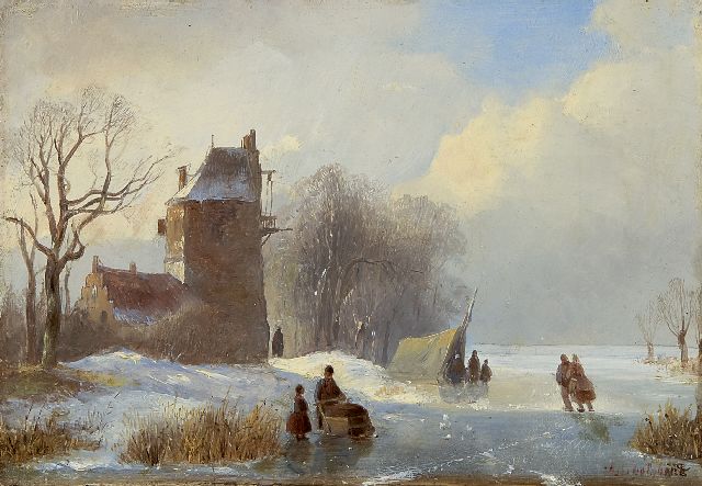 Jan Jacob Spohler | A winter landscape with skaters, Öl auf Tafel, 16,8 x 23,8 cm