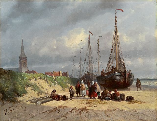 Jan Gerard Smits | Sailing vessels and fishermen on the beach of Scheveningen, Öl auf Holz, 22,4 x 29,4 cm, signed l.l. und dated '55