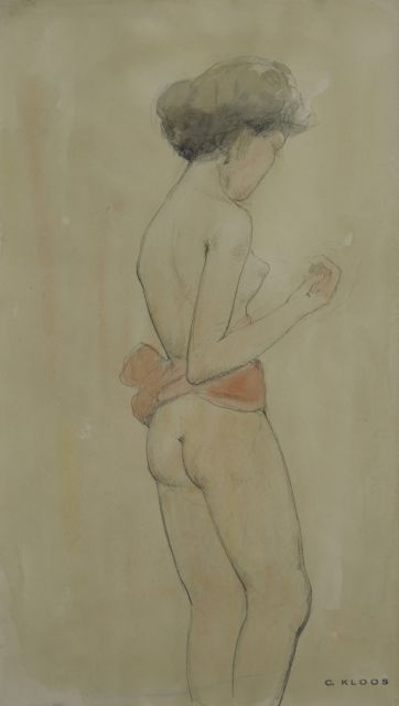 Cornelis Kloos | Nacktes Mädchen mit Gürteltuch, Bleistift und Aquarell auf Papier, 30,7 x 17,9 cm, Unterzeichnet r.u. mit Stempel und zu datieren um 16-2-1942