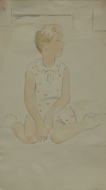 Kloos C.  | Mädchen in rotem Noppenkleid, Bleistift und Aquarell auf Papier 30,8 x 17,9 cm, Unterzeichnet r.u.