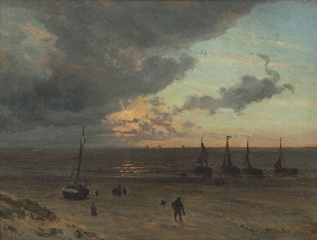 Deventer W.A. van | Strandansicht mit Fischerbooten bei untergehender Sonne, Öl auf Papier auf Holz 32,0 x 41,6 cm, Unterzeichnet r.u.