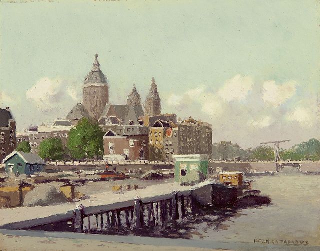 Paradies H.C.A.  | Das Oosterdok in Amsterdam mit dem Schreiersturm und der St. Nicolaaskirche, Öl auf Malereifaser 23,6 x 29,7 cm, Unterzeichnet r.u.