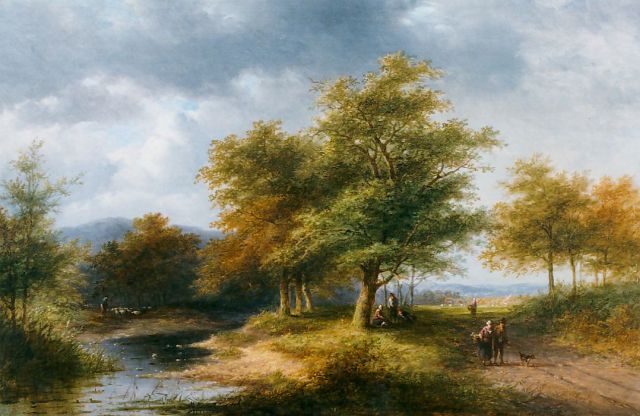 Jan Evert Morel II | Travellers in a wooded landscape, Öl auf Leinwand, 43,8 x 67,3 cm, signed l.r.