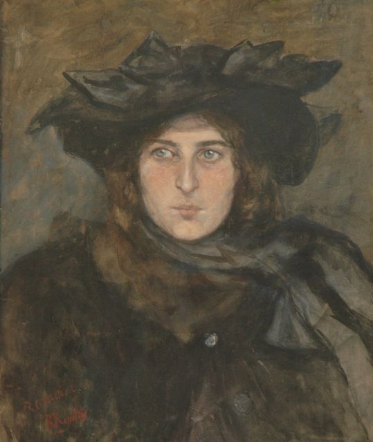 Repelius J.E.  | Lady with hat, Kreide und Aquarell auf Papier 57,4 x 47,5 cm, signed l.l.