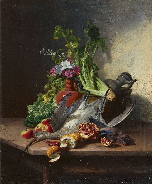David de Noter | A still life with a woodcock, a jay, vegetables, fruit, flowers and earthenware jugs, Öl auf Holz, 32,3 x 27,2 cm, signed l.l.