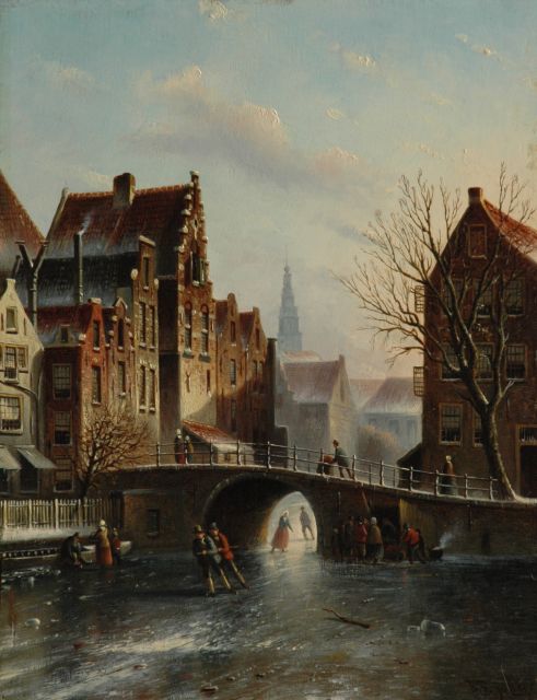 Johannes Franciscus Spohler | Stadtansicht im Winter mit dem Turm der Zuiderkerk, Öl auf Holz, 39,1 x 30,3 cm, Unterzeichnet r.u.