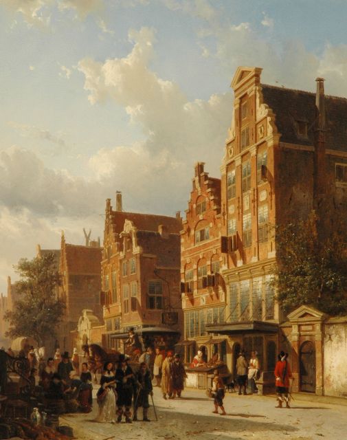 Cornelis Springer | The quasi-house of Rembrandt on the Sint Anthoniebreestraat, Amsterdam, with the entry of the Zuiderkerkhof, Öl auf Tafel, 50,6 x 40,4 cm, signed l.l. in full en with mon. l.l. on box und dated 1853