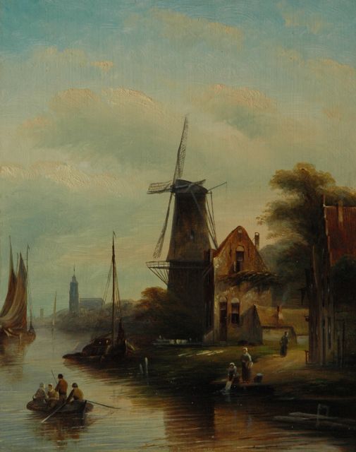 Jacob Jan Coenraad Spohler | A river landscape with a windmill, Öl auf Holz, 27,1 x 21,3 cm