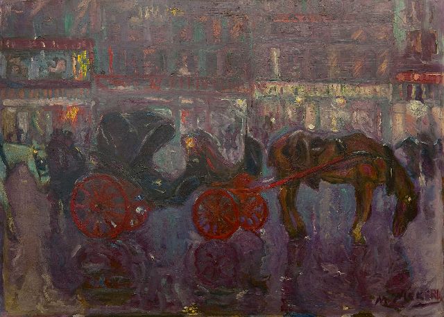 Maurits Niekerk | Wartende Mietkutschen am Abend, Brüssel, Öl auf Holzfaser, 61,3 x 84,5 cm, Unterzeichnet r.u. und zu datieren um 1903-1908