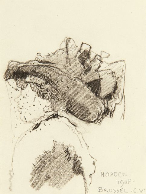 Cornelis Vreedenburgh | Die neueste Hutmode in Brüssel, 1908, Schwarze Kreide auf Papier, 13,2 x 10,2 cm, Unterzeichnet r.u. mit Initialen und datiert 1908