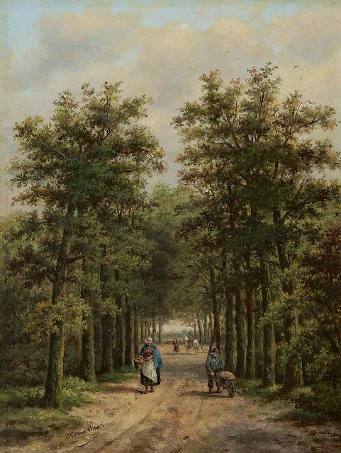 Sebastiaan Theodorus Voorn Boers | Land folk on a sunny forest path, Öl auf Holz, 34,0 x 25,6 cm, signed l.l.