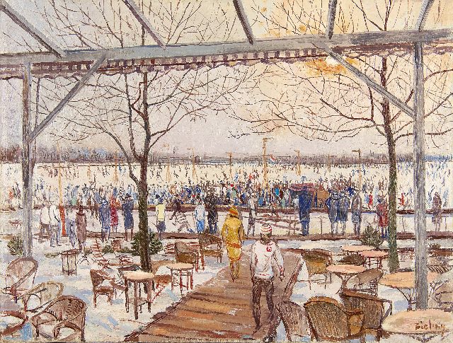Herman Bieling | Skaters on the Bergse Achterplas near the Plaswijck Paviljoen, Rotterdam, Öl auf Leinwand, 43,5 x 56,6 cm, signed l.r.