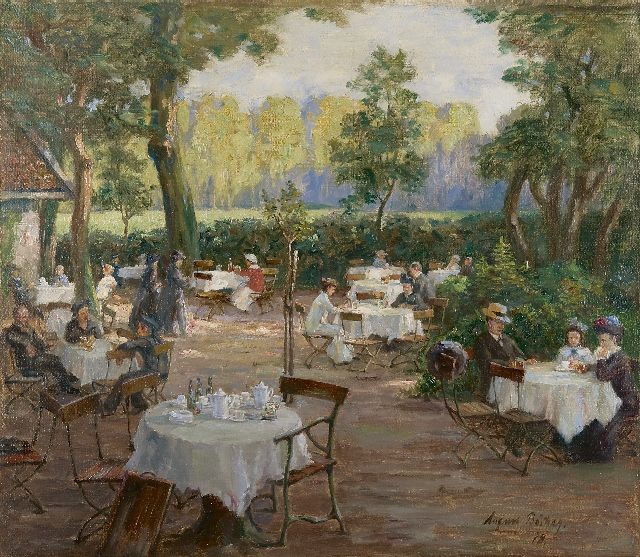 August Böcher | Afternoon in a garden café, Öl auf Leinwand, 73,9 x 84,2 cm, signed l.r. und dated '18