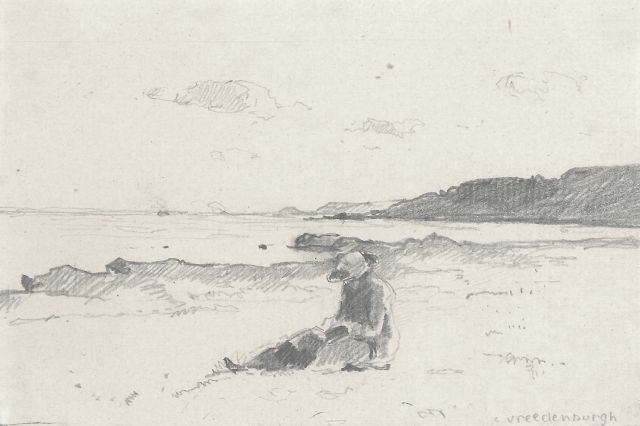 Cornelis Vreedenburgh | Frau lesend am Strand, Bleistift und Aquarell auf Papier, 9,1 x 14,0 cm, Unterzeichnet r.u.