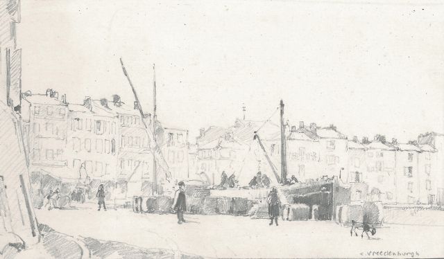 Cornelis Vreedenburgh | Ein- und ausladen einer Fracht am Kai, Bleistift auf Papier, 10,9 x 18,9 cm, Unterzeichnet u.r.