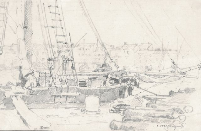 Cornelis Vreedenburgh | Frachtschiff am Kai, Bleistift auf Papier, 12,7 x 19,9 cm, Unterzeichnet r.u.