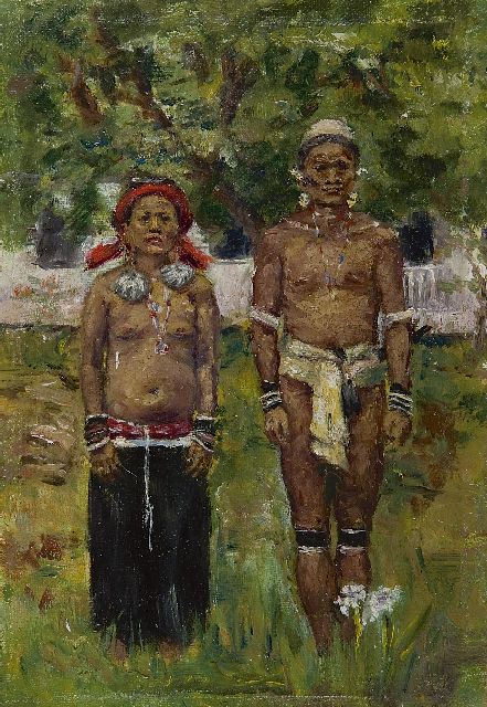 Hollandse School, begin 20e eeuw   | Dajaks auf Borneo, Öl auf Leinwand auf Pappe 22,6 x 15,5 cm
