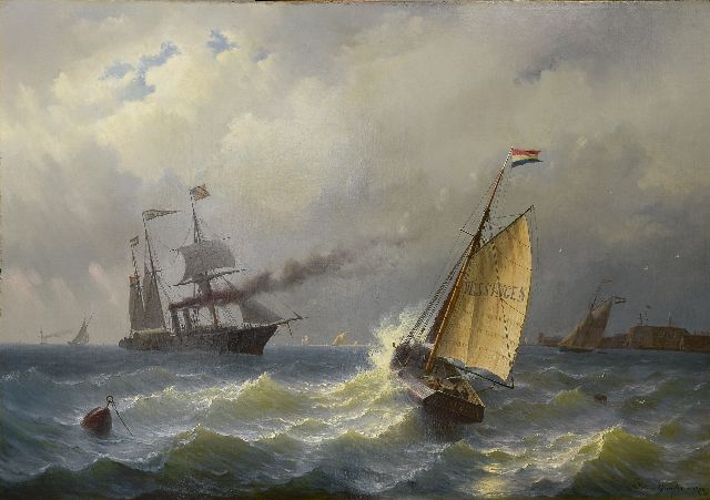 Willem Gruijter jr. | Sailing ships off Vlissingen, Öl auf Leinwand, 90,8 x 131,8 cm, signed l.r. in full and with monogram on the ship und dated 1870