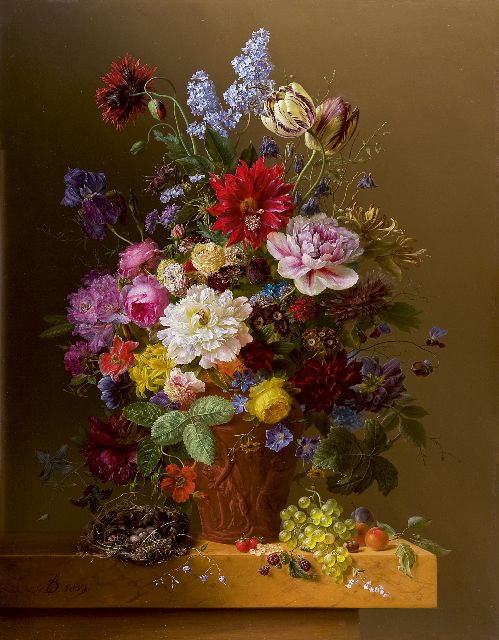 Arnoldus Bloemers | Blumen in einer Terrakotta-Vase auf einer Marmorplatte, Öl auf Holz, 104,2 x 81,4 cm, Unterzeichnet l.u. mit Monogramm und datiert 1839