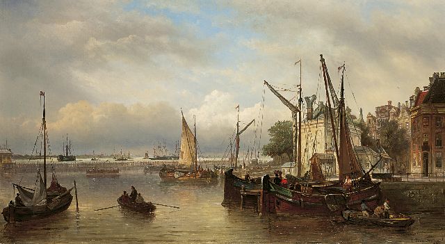 Elias Pieter van Bommel | A Dutch harbour, Öl auf Leinwand, 52,4 x 95,4 cm, signed l.r. und dated 1881