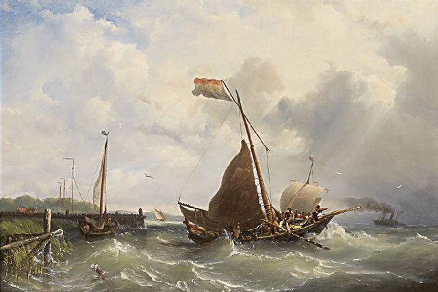 Nicolaas Riegen | Sailing vessels and a steamer leaving port, Öl auf Leinwand, 59,5 x 87,1 cm, signed l.r.