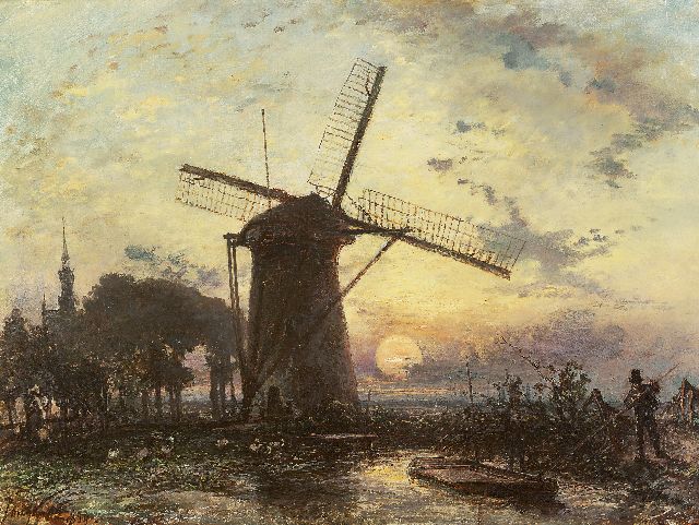 Jongkind J.B.  | Mühle bei Sonnenuntergang in der Nähe von Overschie, Öl auf Leinwand 42,3 x 56,2 cm, Unterzeichnet l.u. und datiert 1859