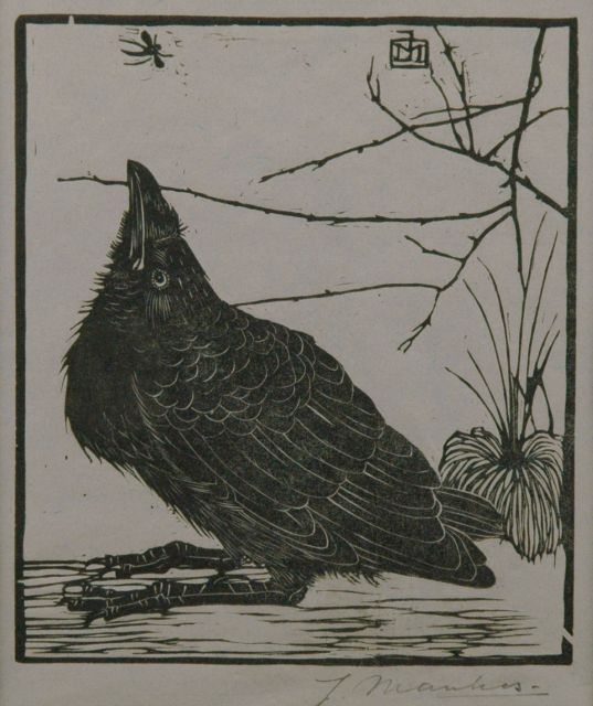 Mankes J.  | A crow watching a mosquito, Holzstich auf gefärbtem Papier 11,7 x 10,1 cm, signed l.r. in full (in pencil) and w. mon. in the block und executed in 1918